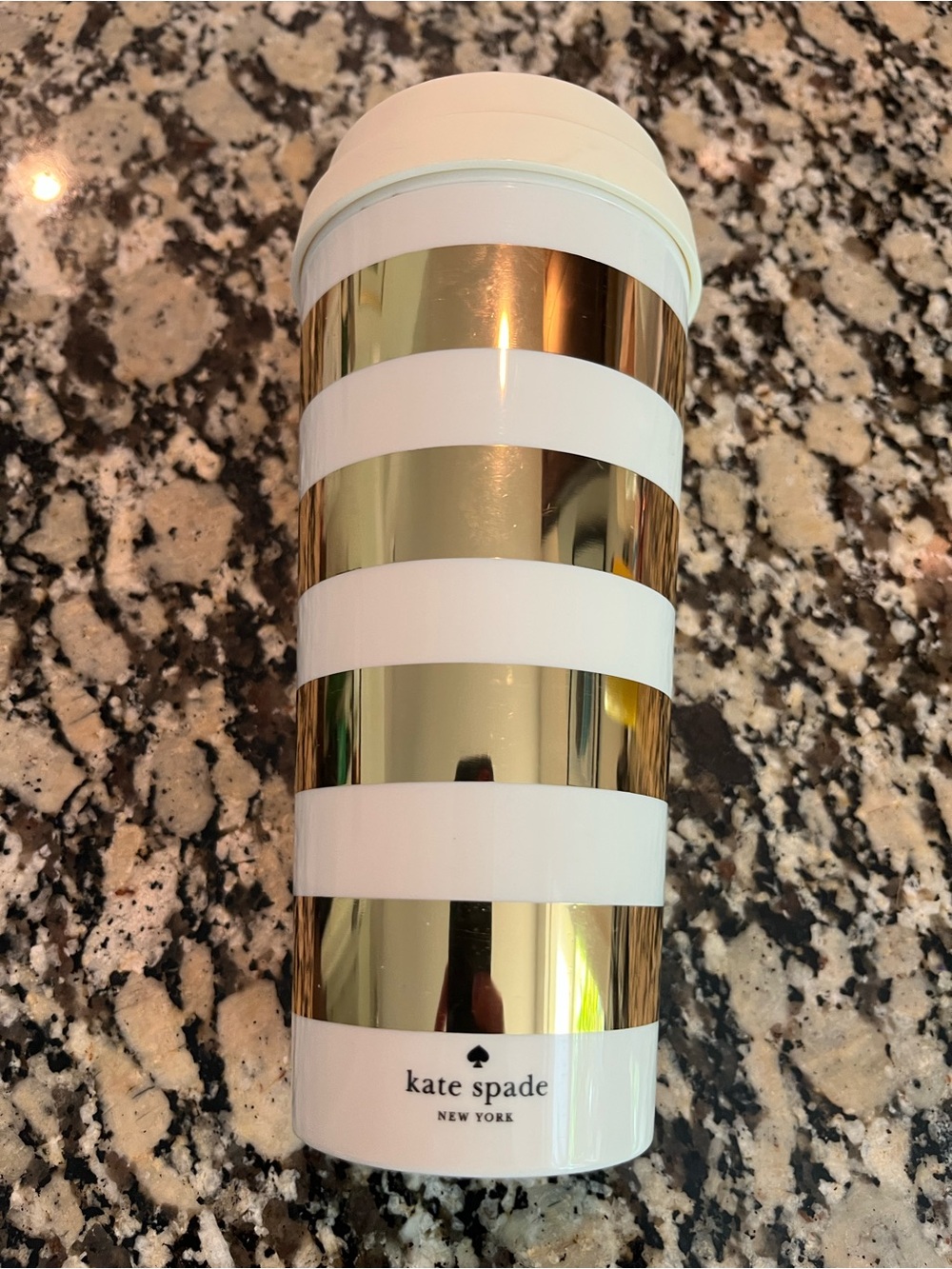 kate spade White and Gold Striped Travel Tumbler
